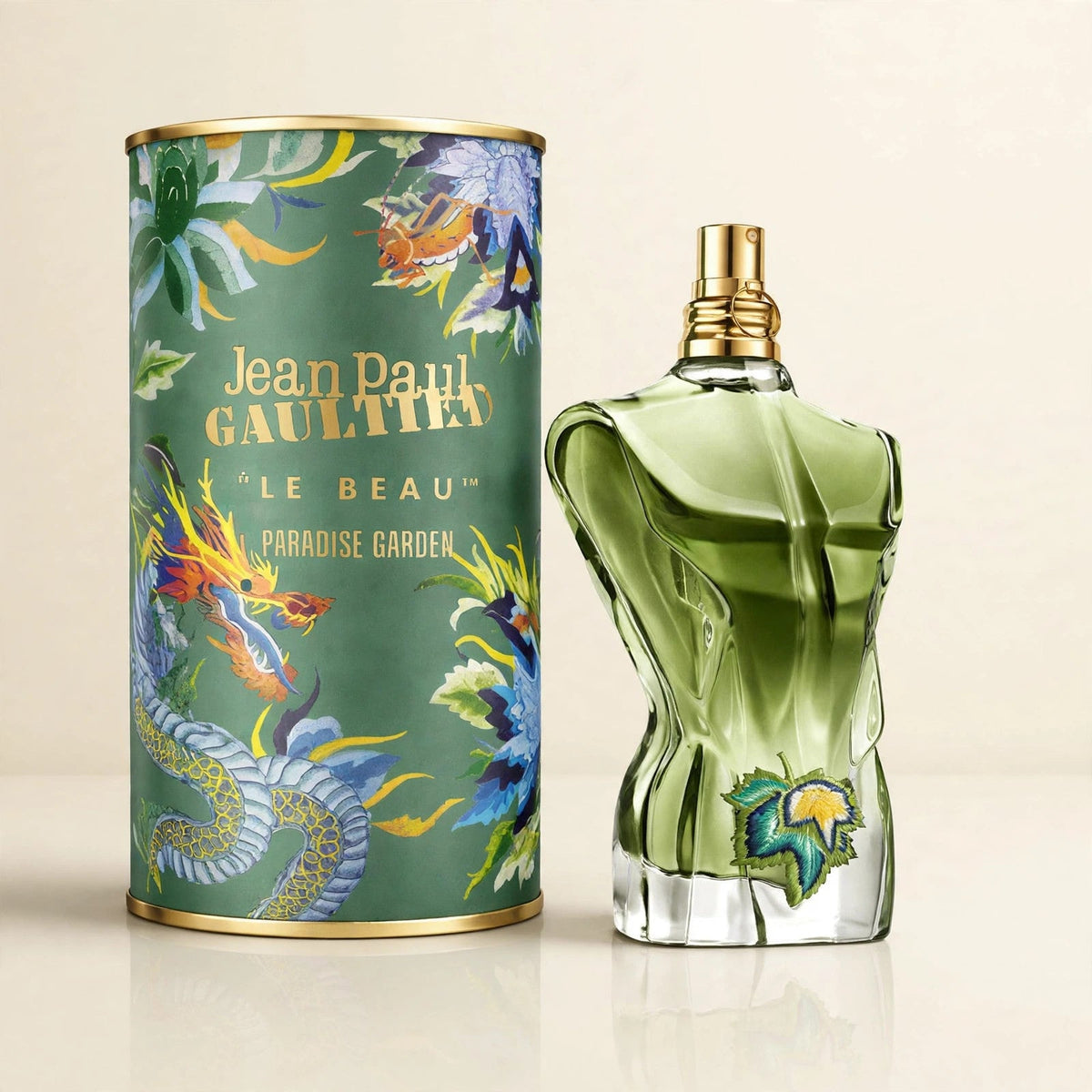 Jean Paul Gaultier Le Beau Paradise Garden EDP in a cream studio setting