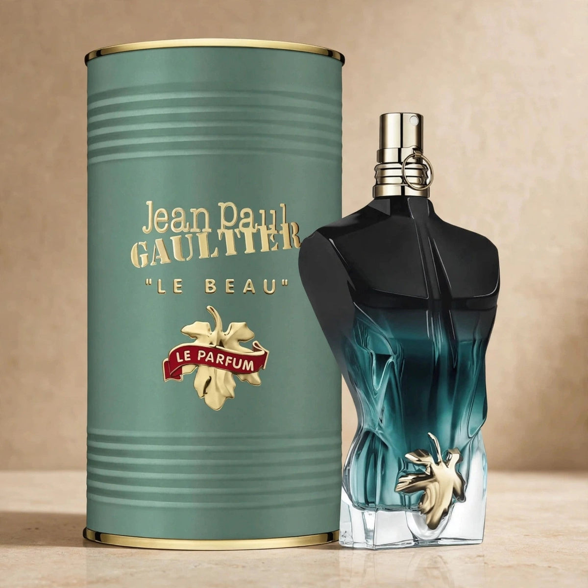 Jean Paul Gaultier Le Beau Le Parfum EDP in a warm beige luxury studio