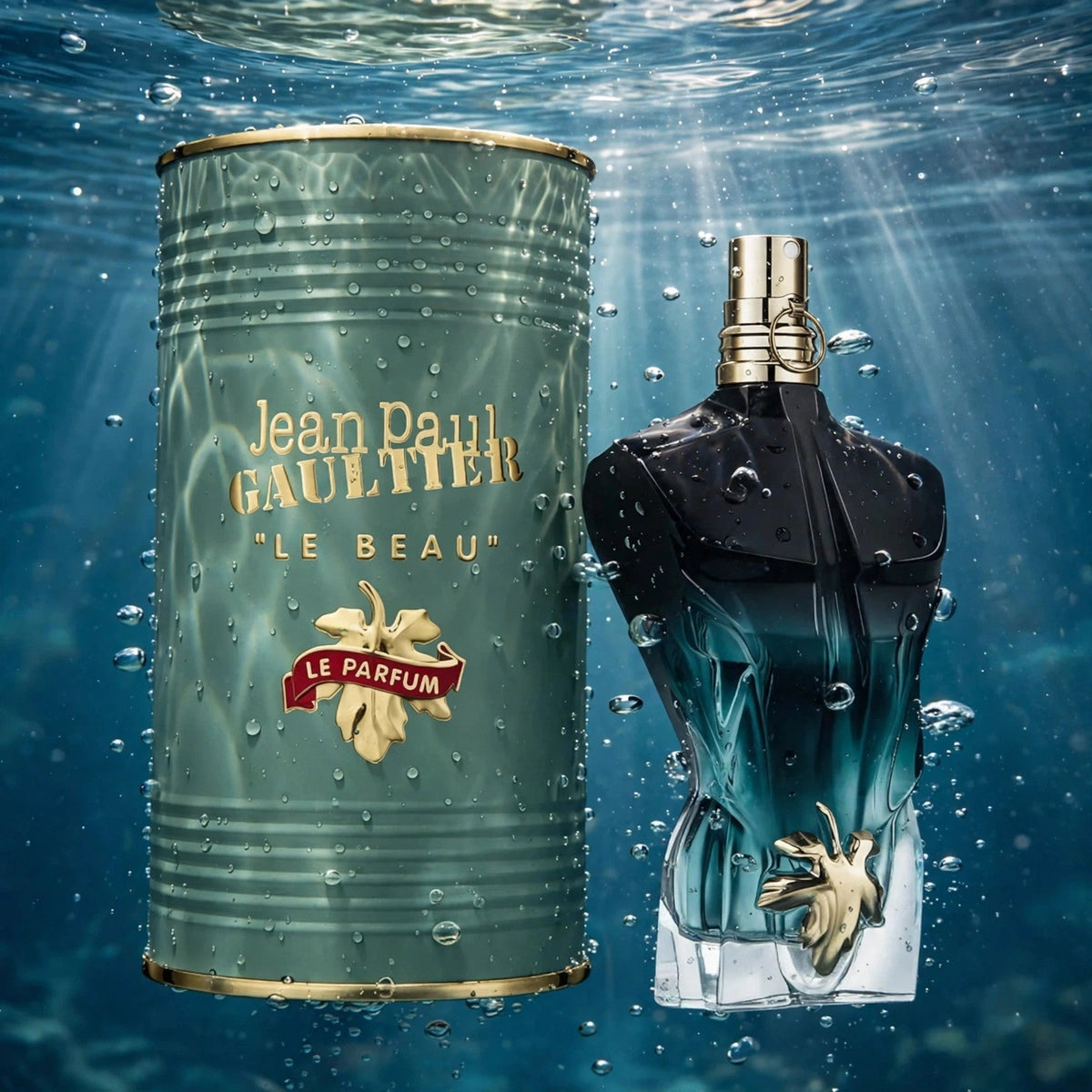 Jean Paul Gaultier Le Beau Le Parfum EDP bottle in clear water splash