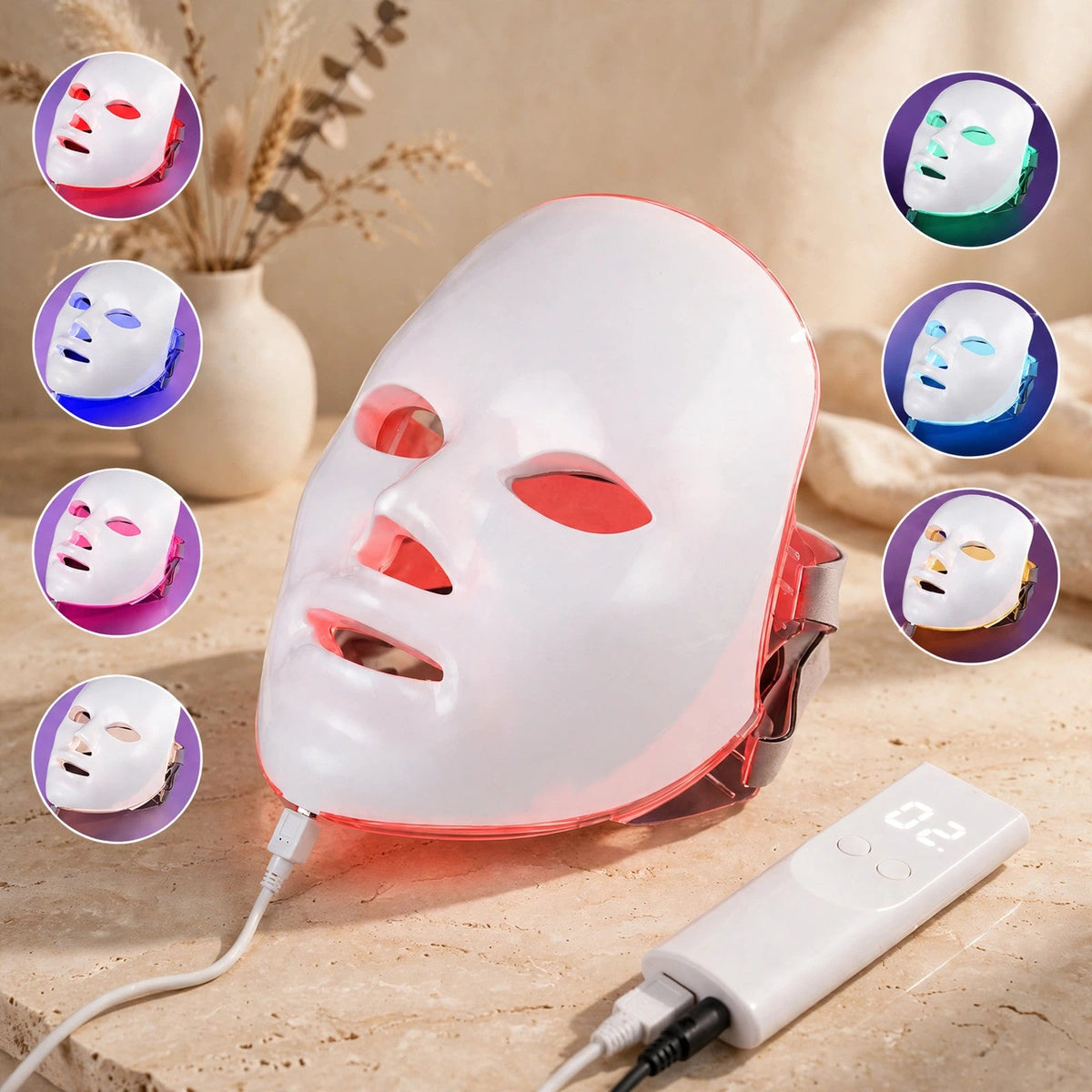 LED facial mask in warm beige studio