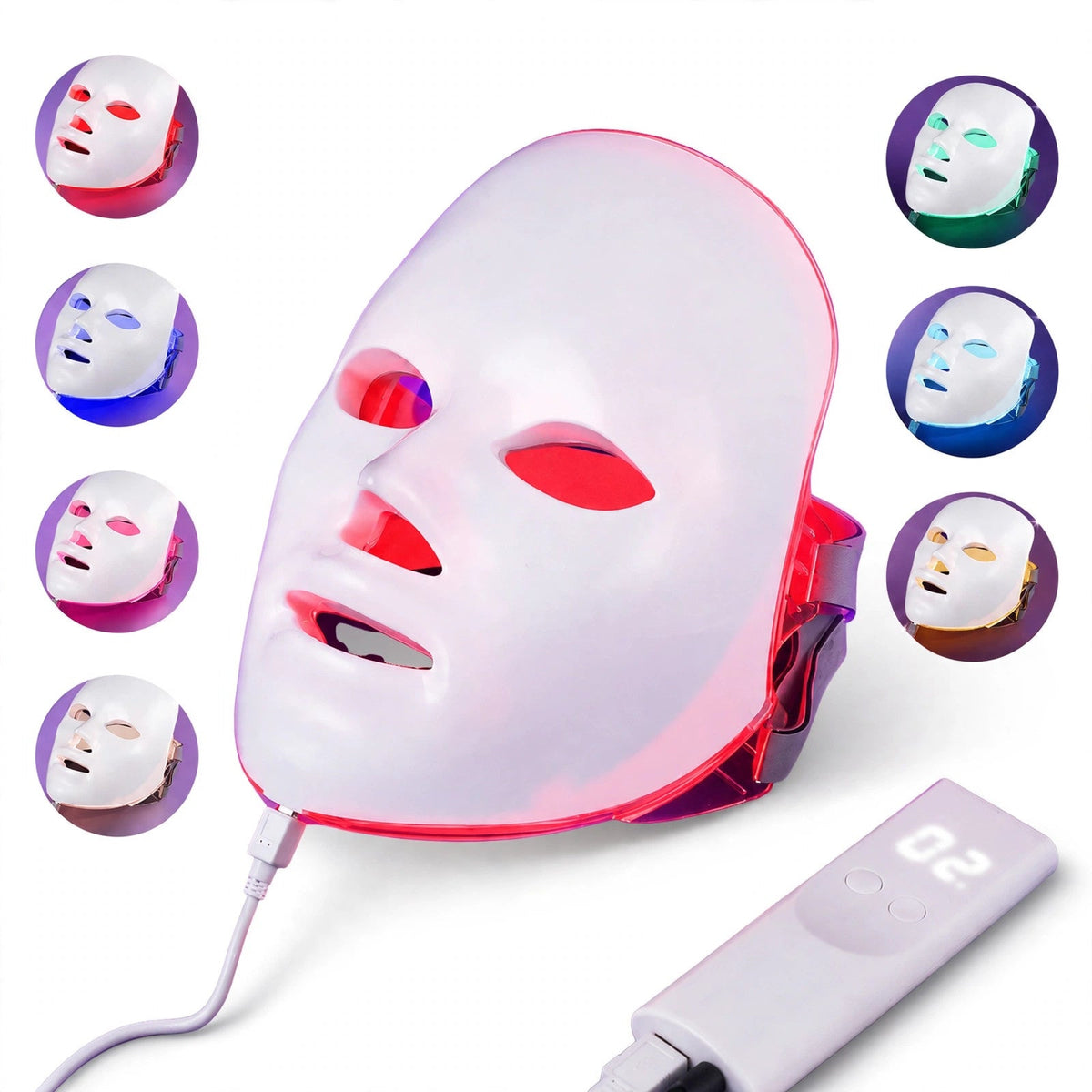 LED facial mask 7 color light therapy on white background