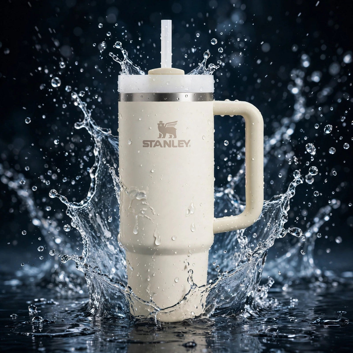 Stanley Quencher 30oz cream tumbler with water splash
