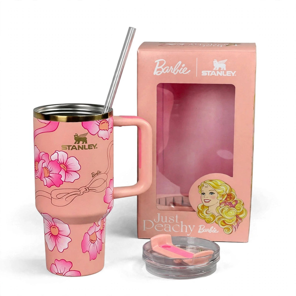 Barbie x Just Peachy 40oz Peaches N Cream tumbler on white background