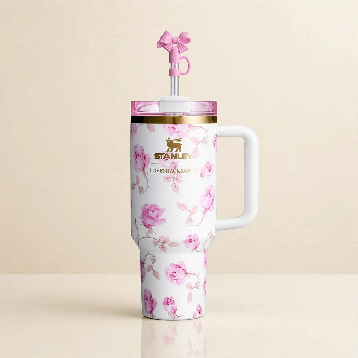 LoveShackFancy Quencher 40oz Ribbon Rosa in cream studio
