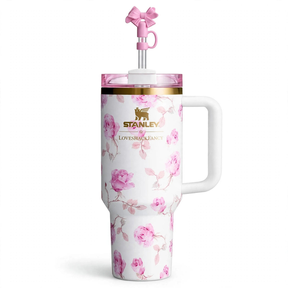 LoveShackFancy Quencher H2.0 40oz Ribbon Rosa tumbler on white background