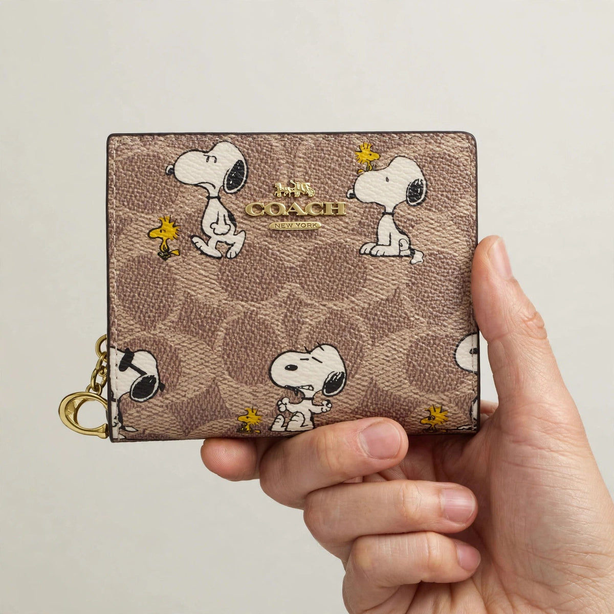 Coach x Peanuts Snap Wallet – Signature Canvas Snoopy Print — hand product photo