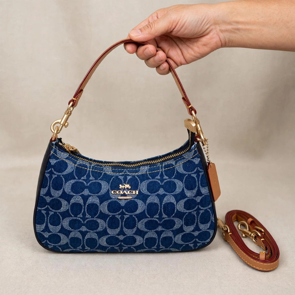 Coach Teri Shoulder Bag – Denim Natural CAF82 — hand product photo