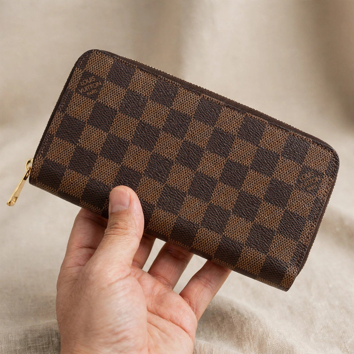 Hand holding the Louis Vuitton Zippy Damier wallet