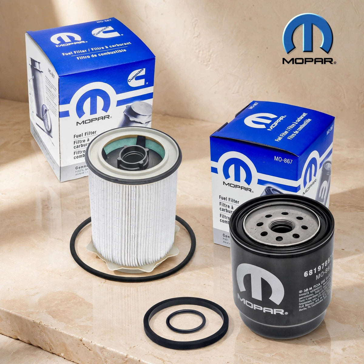Mopar oil and fuel filter set in warm beige studio