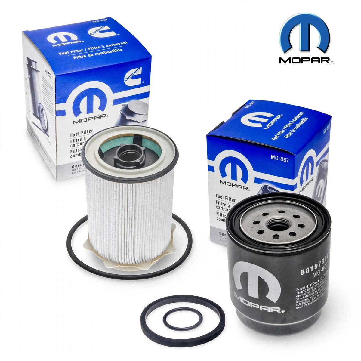 Mopar oil and fuel filter combo set on white background