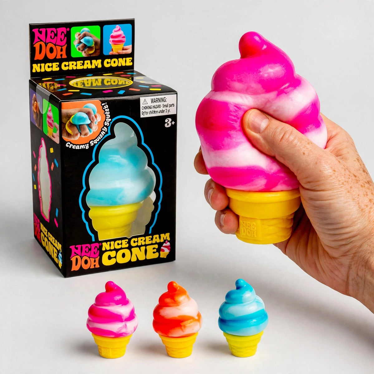 Hand squeezing the NeeDoh Nice Cream Cone stress ball