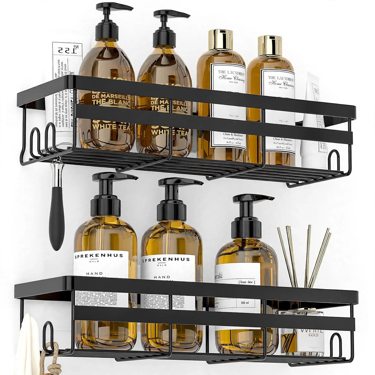 2-pack large adhesive shower organizer black on white background