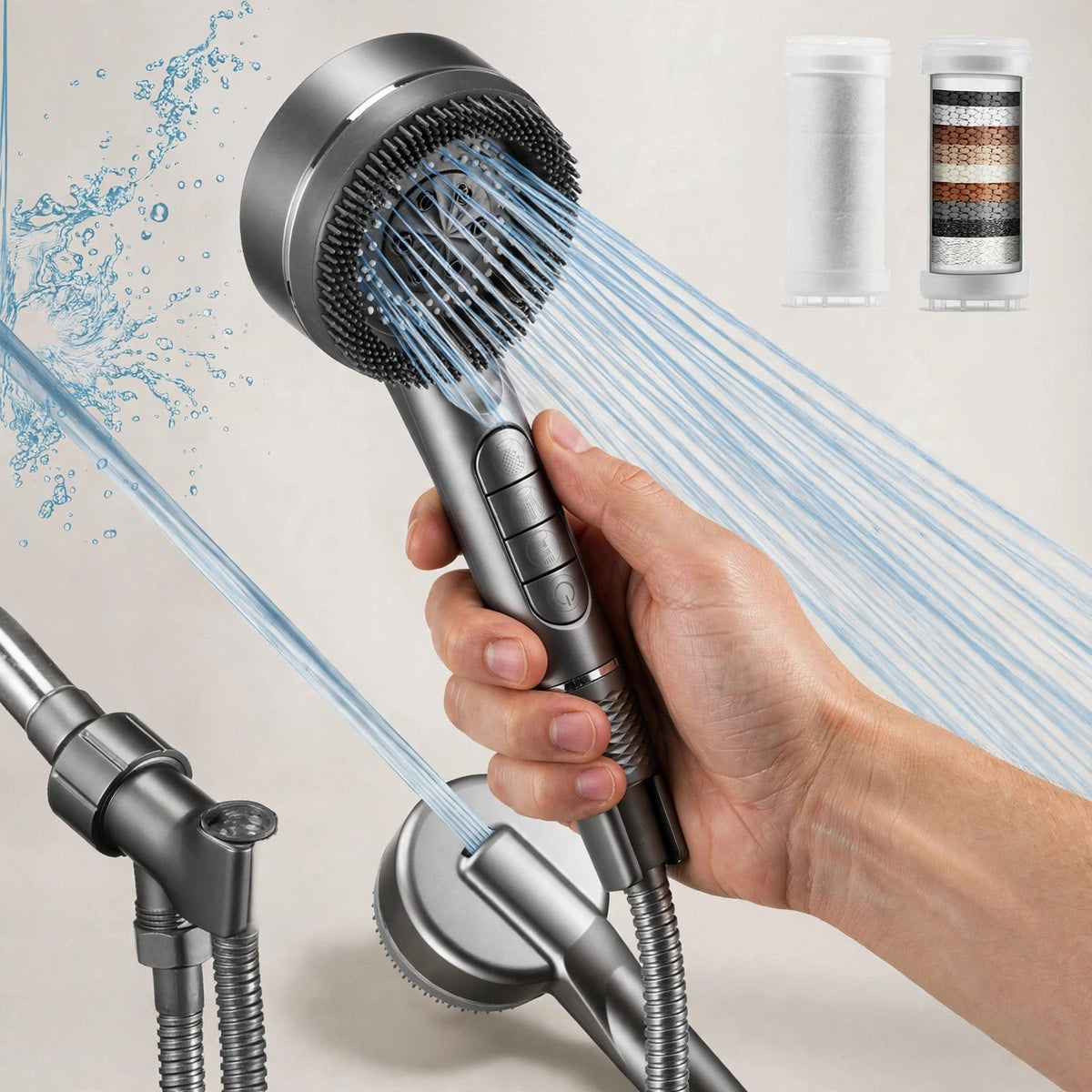 Hand holding the filtered handheld shower head