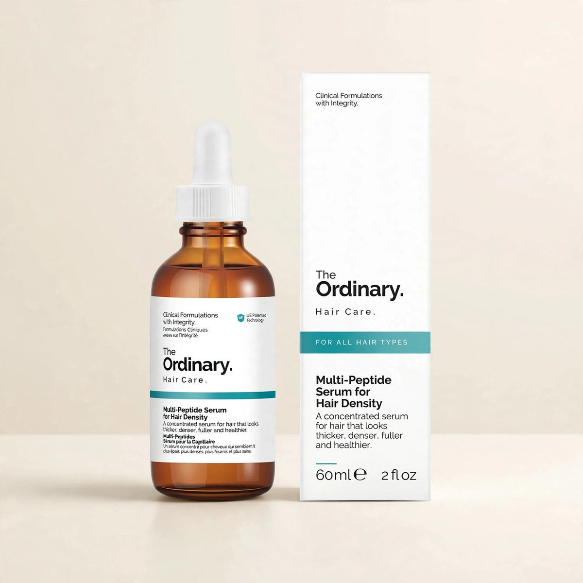 The Ordinary Multi-Peptide hair serum in a cream studio setting
