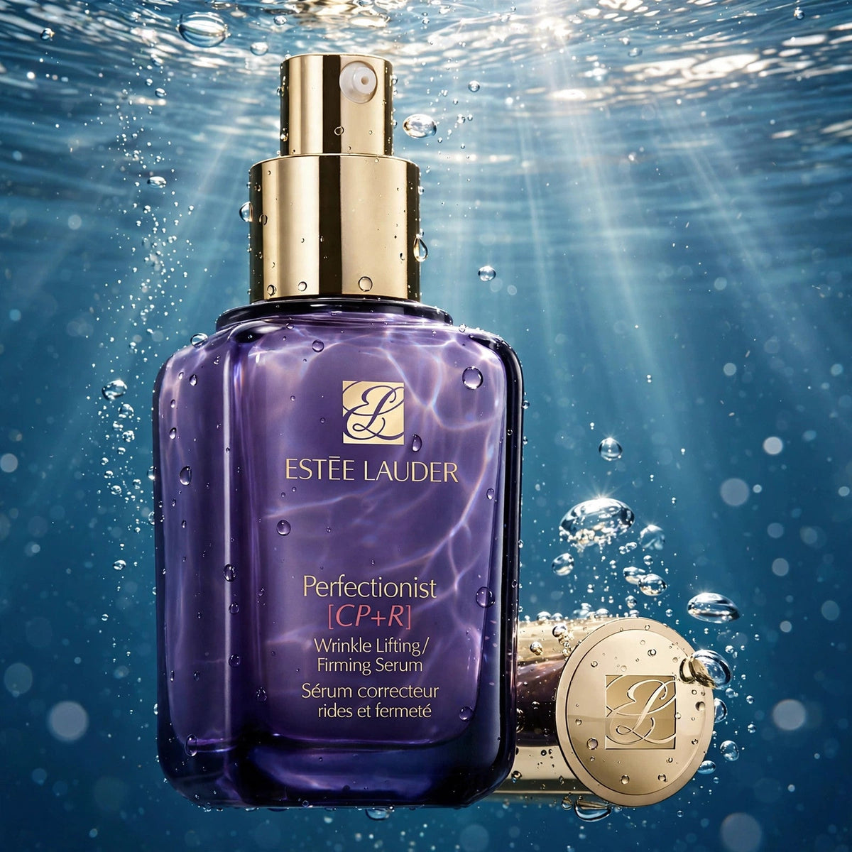Estee Lauder Perfectionist CP+R serum bottle in clear water