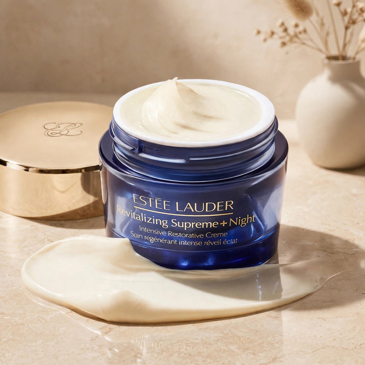 Estee Lauder Revitalizing Supreme Night creme in warm beige studio