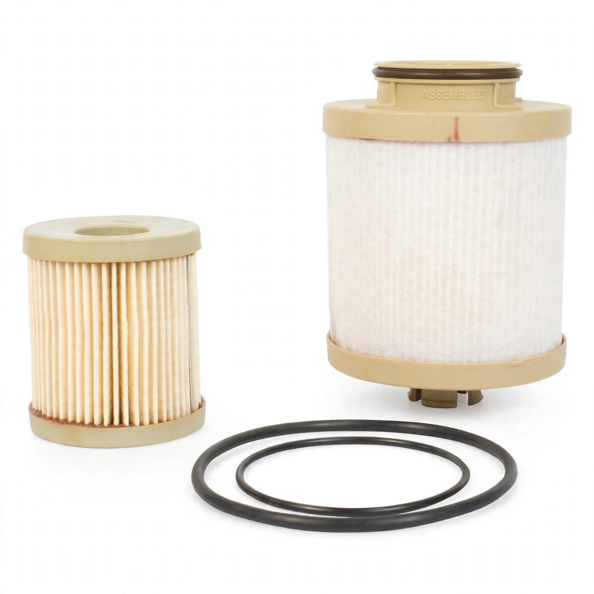 Motorcraft FD-4616 diesel fuel filter kit elements and O-rings on white background