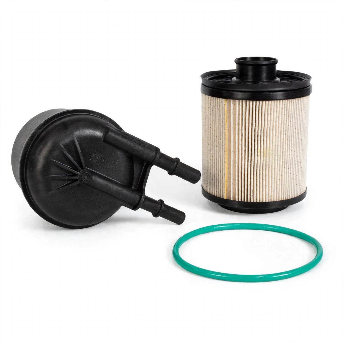 Motorcraft FD4615 diesel fuel filter element and housing on white background