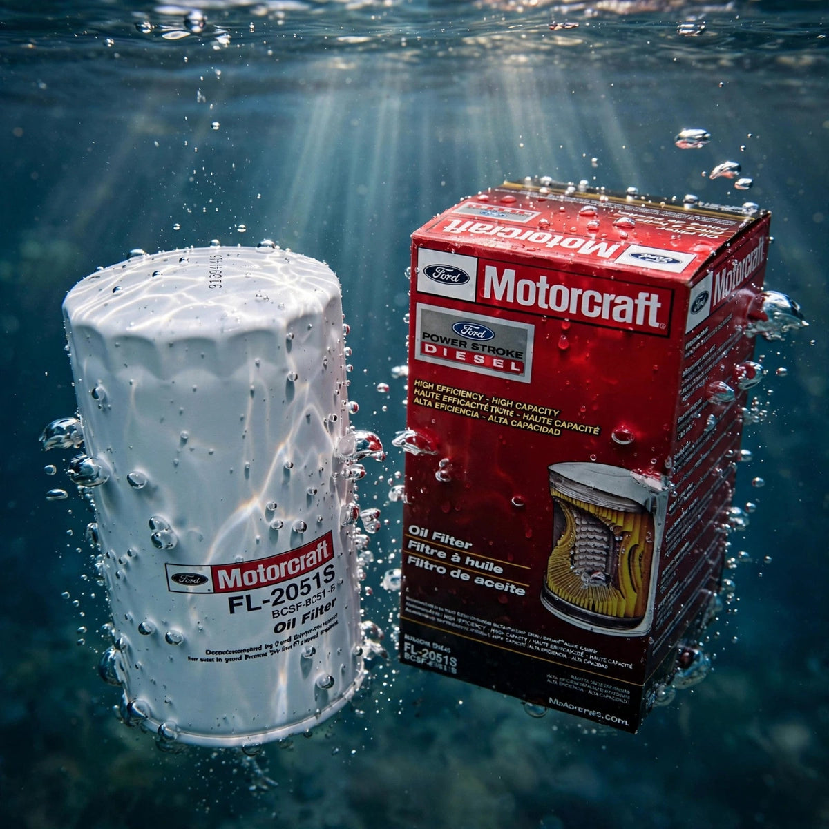 Motorcraft FL-2051S oil filter in clear water splash