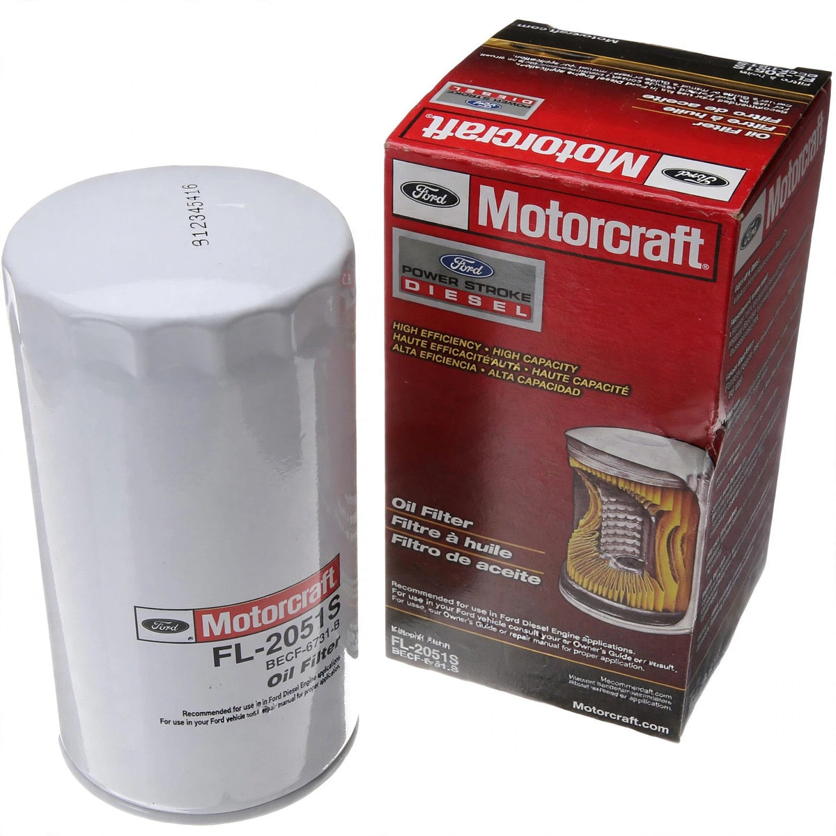 Motorcraft FL-2051S oil filter and box on white background