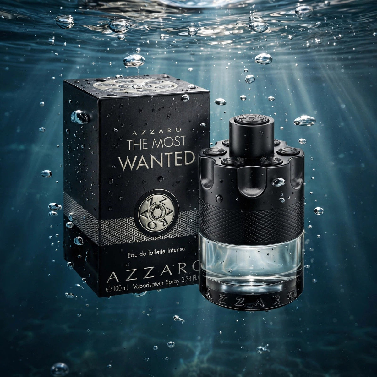 Azzaro The Most Wanted Eau de Parfum Intense 100ml bottle submerged in water