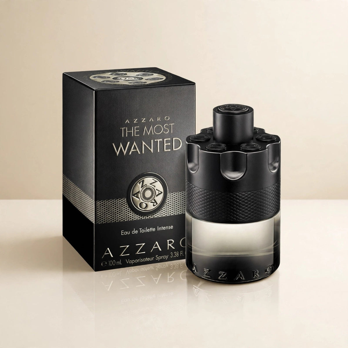 Azzaro The Most Wanted Eau de Toilette Intense 100ml / 3.4oz for Men bottle and box in cream studio