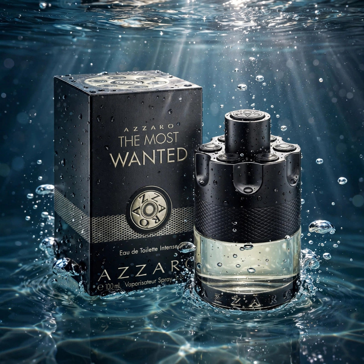 Azzaro The Most Wanted Eau de Toilette Intense 100ml / 3.4oz for Men bottle submerged in water