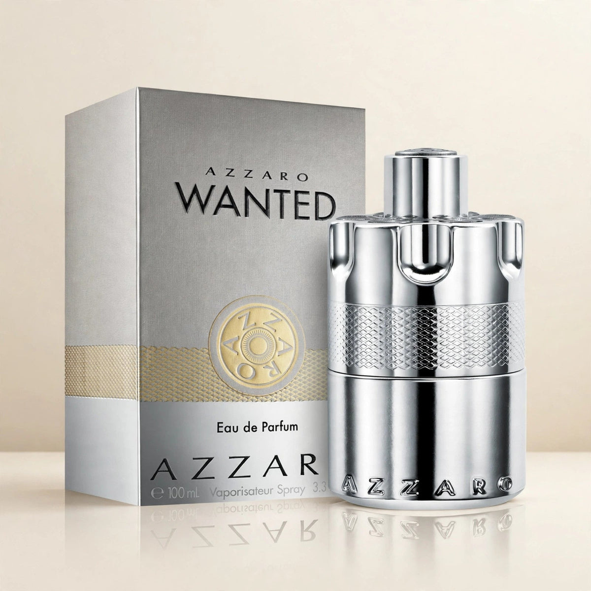 Azzaro Wanted Eau de Parfum 100ml / 3.3oz for Men bottle and box in cream studio