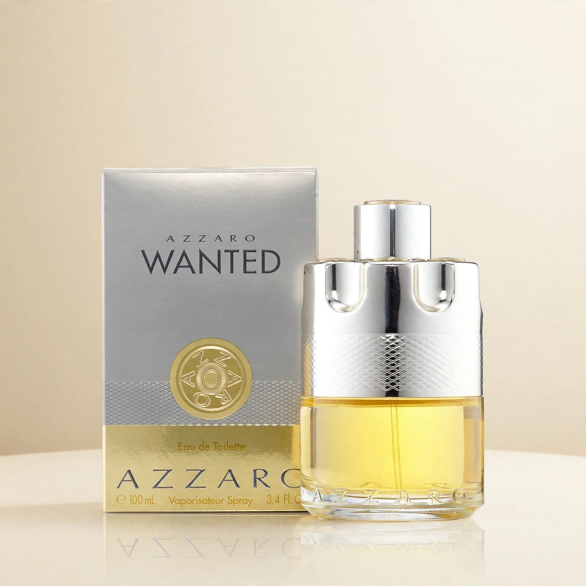 Azzaro Wanted Eau de Toilette 100ml bottle and box in cream studio