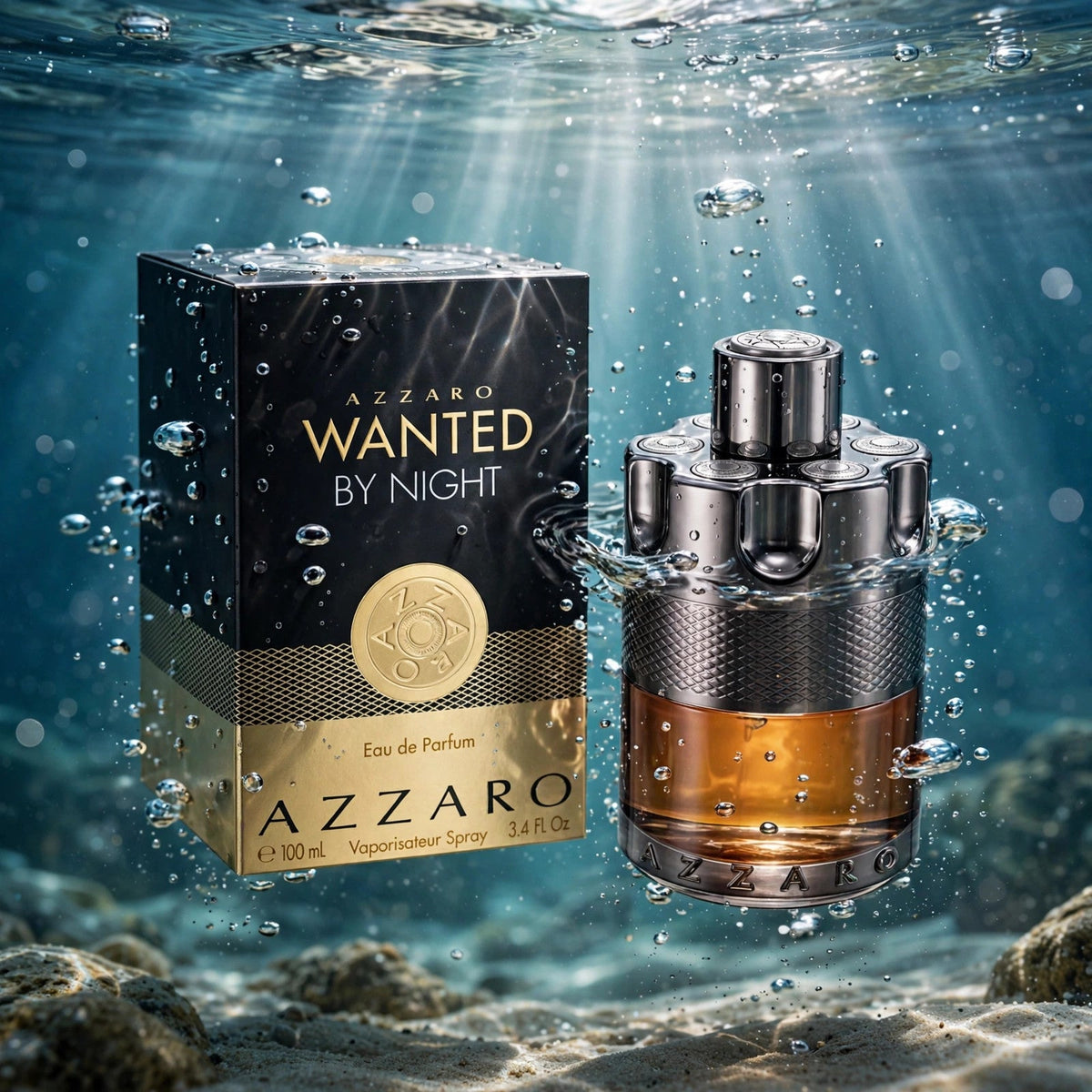 Azzaro Wanted By Night Eau de Parfum 100ml bottle underwater